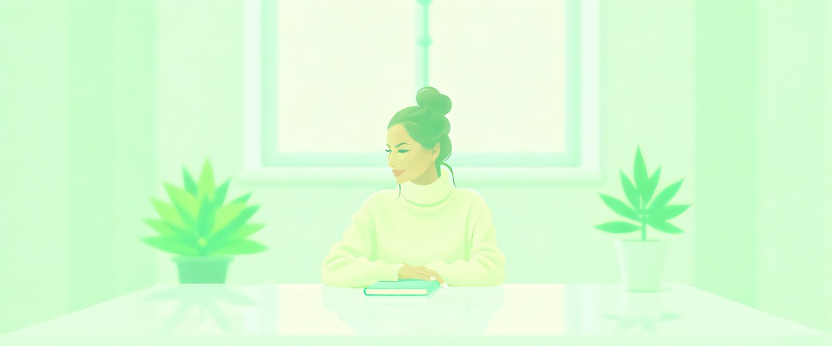 Illustration of a woman sitting at a table in a pale sage room with plants, soft morning light