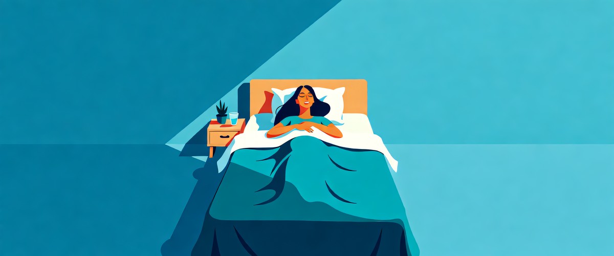 Illustration of a woman lying awake in bed at night in a dark teal room, moonlight across the bed