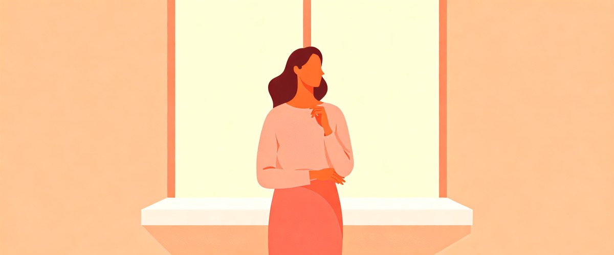 Illustration of a woman standing at a bright window, hand to her chin in thought, warm blush tones