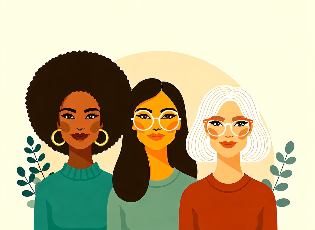 Illustration of three diverse women — natural coils, long dark hair, and a silver bob — side by side