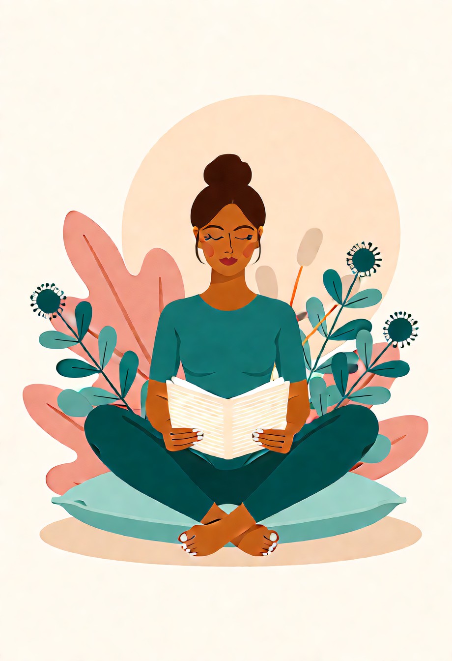 Illustration of a woman sitting cross-legged, reading among sage and blush botanicals